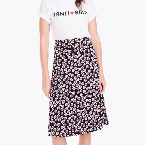 J.Crew Navy blue Heart Print Pleated midi skirt Sz 4 - Picture 1 of 8